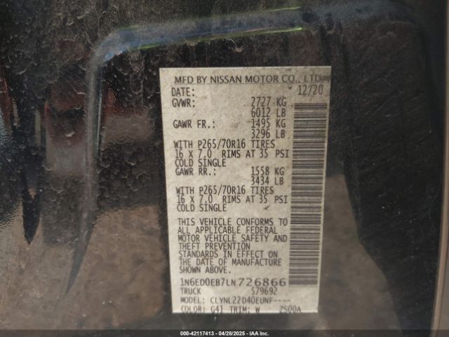 1N6ED0EB7LN726866 Nissan Frontier Sv 4x4