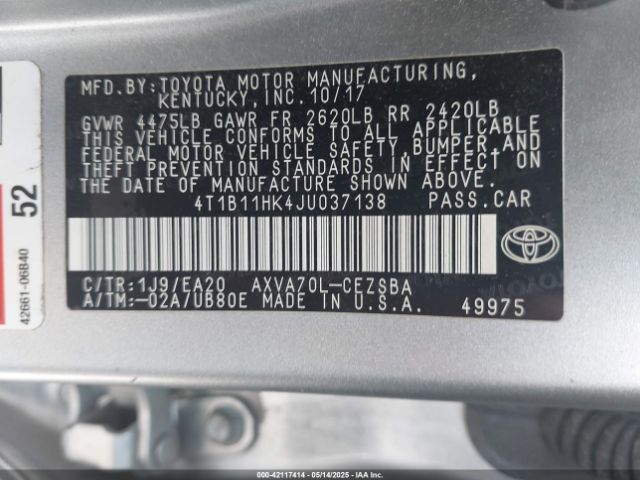 2018 TOYOTA CAMRY 4T1B11HK4JU037138 Photo 8