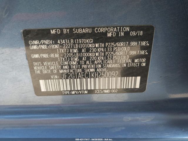 JF2GTAEC1KH250092 Subaru Crosstrek 2.0i Premium