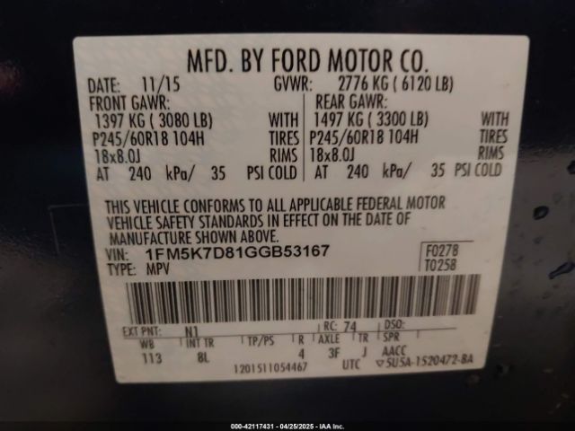 1FM5K7D81GGB53167 Ford EXPLORER XLT