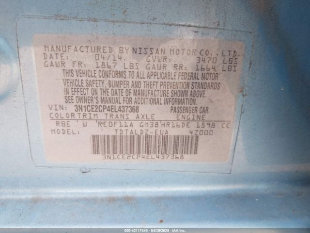 3N1CE2CP4EL437368 Nissan Versa Note Sv