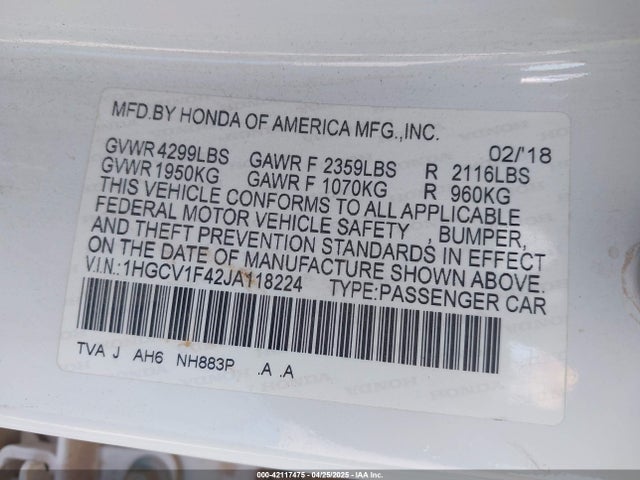 1HGCV1F42JA118224 Honda ACCORD EX