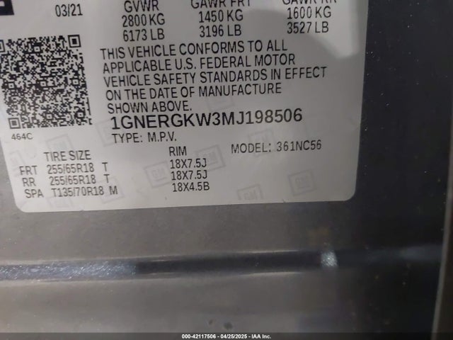 1GNERGKW3MJ198506 Chevrolet Traverse Fwd Lt Cloth