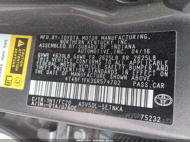 4T4BF1FK3GR574702 Toyota CAMRY LE