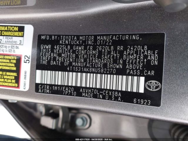 4T1S31AK8NU582270 Toyota Camry Se Hybrid