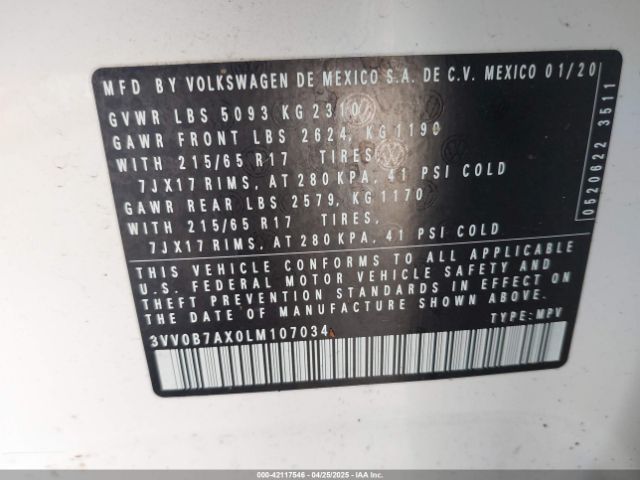 3VV0B7AX0LM107034 Volkswagen Tiguan 2.0t S