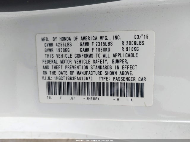 1HGCT1B83FA010670 Honda Accord Ex-l