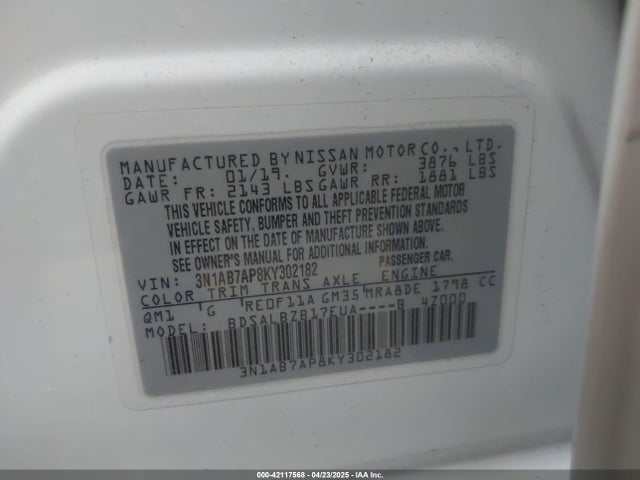 3N1AB7AP8KY302182 Nissan SENTRA S