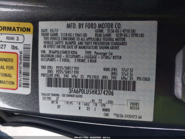 3FA6P0LU5HR374206 Ford Fusion Hybrid Se