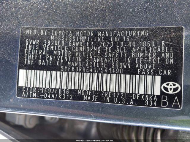 5YFBURHE4GP541490 Toyota COROLLA LE
