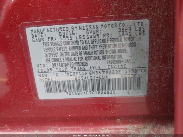 3N1AB7AP7GY252835 Nissan SENTRA SV