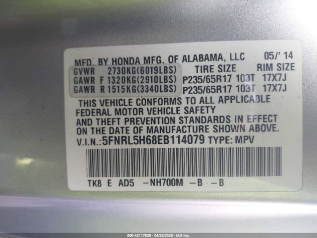 5FNRL5H68EB114079 Honda Odyssey Ex-l