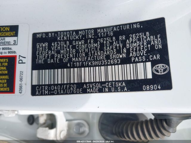 4T1BF1FK9HU352693 Toyota CAMRY SE