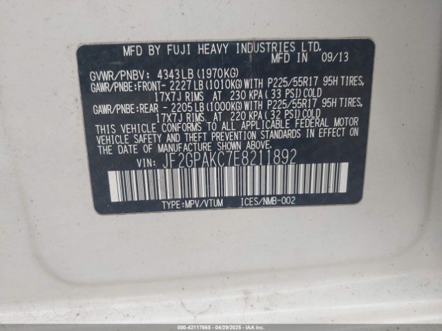 JF2GPAKC7E8211892 Subaru Xv Crosstrek 2.0i Limited