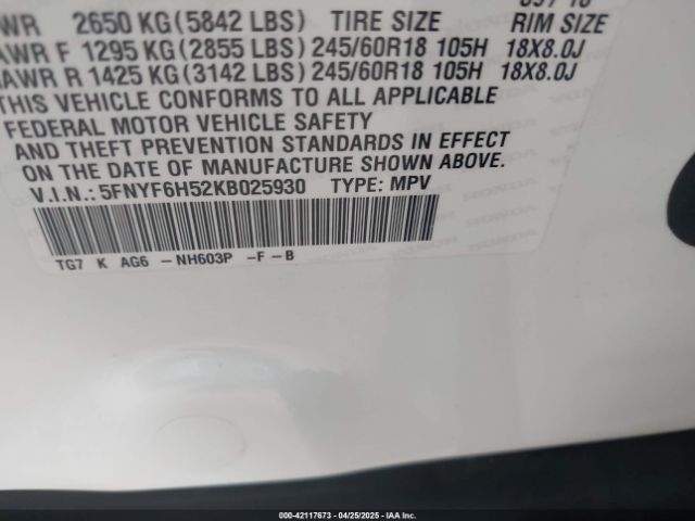 5FNYF6H52KB025930 Honda Pilot Ex-l