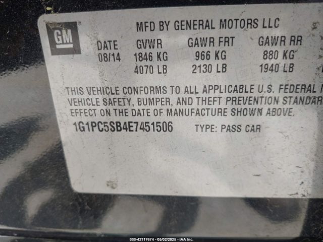 1G1PC5SB4E7451506 Chevrolet Cruze 1lt Auto