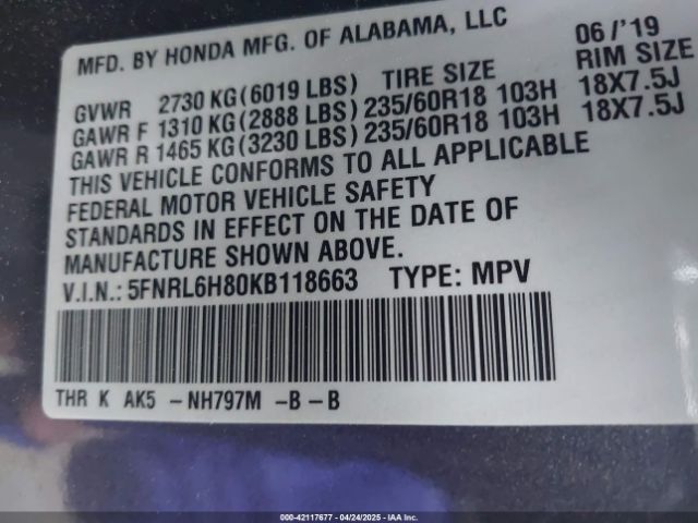 5FNRL6H80KB118663 Honda Odyssey Touring