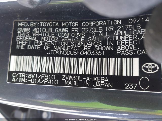 JTDKN3DU5F0403361 Toyota Prius Three