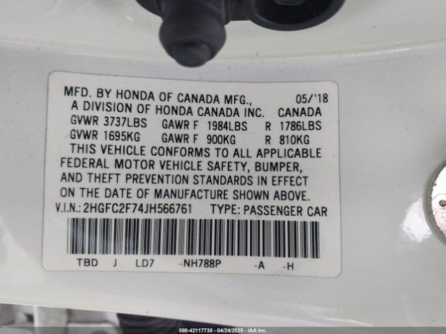 2HGFC2F74JH566761 Honda CIVIC EX