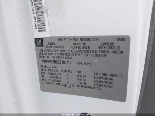 2009 Chevrolet Traverse Lt მანქანა იყიდება აუქციონზე, vin: 1GNEV23DX9S103016, აუქციონის ნომერი: 42117746