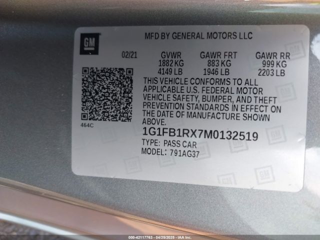 1G1FB1RX7M0132519 Chevrolet Camaro Rwd  1lt
