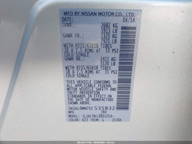 5N1AL0MN7EC535832 Infiniti QX60