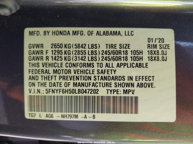 5FNYF6H50LB047202 Honda Pilot Awd Ex-l