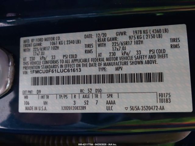 2020 FORD ESCAPE 1FMCU0F61LUC61613 Photo 8