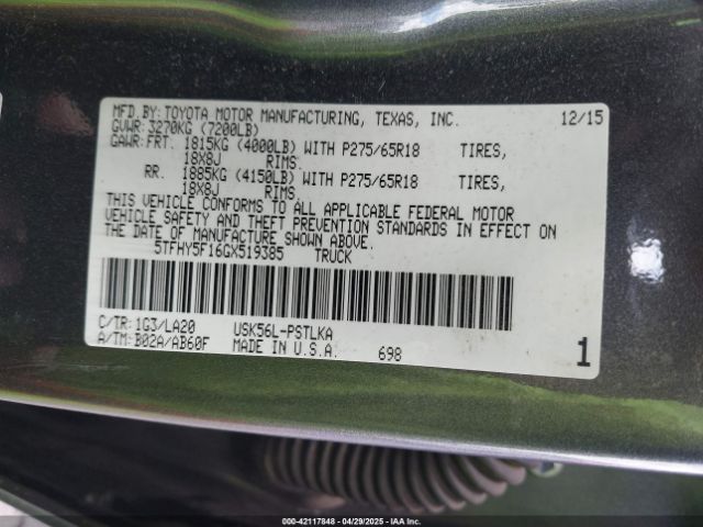 5TFHY5F16GX519385 Toyota Tundra Limited 5.7l V8