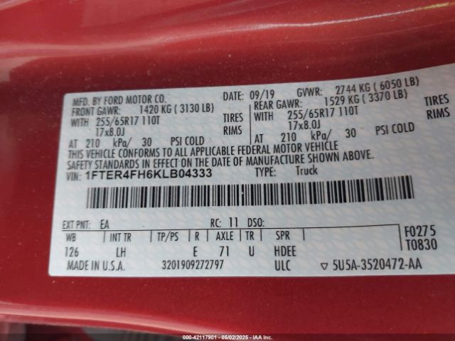 1FTER4FH6KLB04333 Ford Ranger Xlt