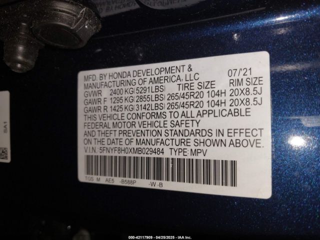 5FNYF8H0XMB029484 Honda Passport Awd Elite
