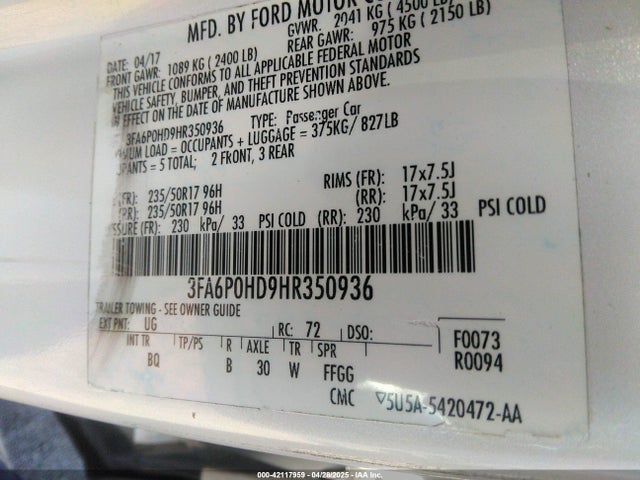 3FA6P0HD9HR350936 Ford FUSION SE
