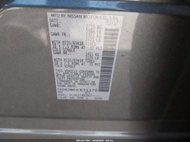 5N1DR2MM6JC631170 Nissan Pathfinder Sv