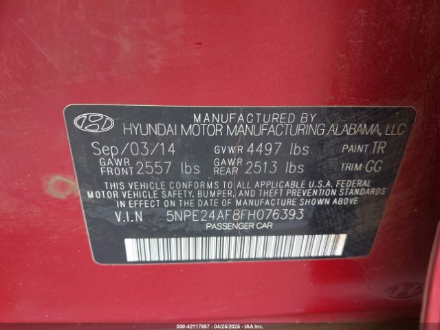 5NPE24AF8FH076393 Hyundai SONATA SE