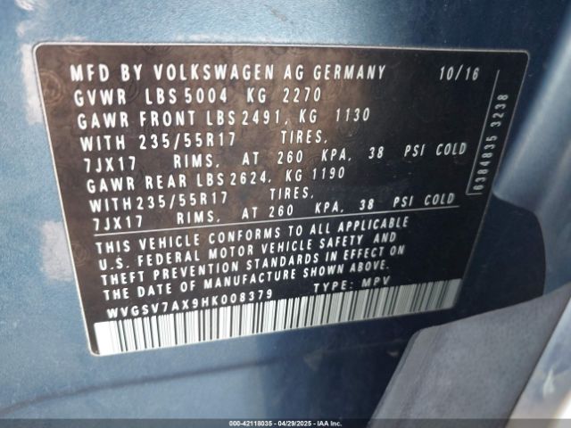 WVGSV7AX9HK008379 Volkswagen Tiguan 2.0t Wolfsburg Edition