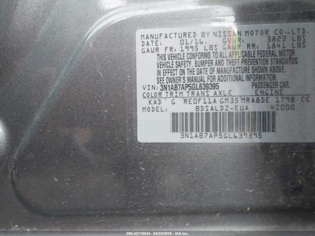 3N1AB7AP5GL639395 Nissan Sentra Fe+ S/s/sl/sr/sv