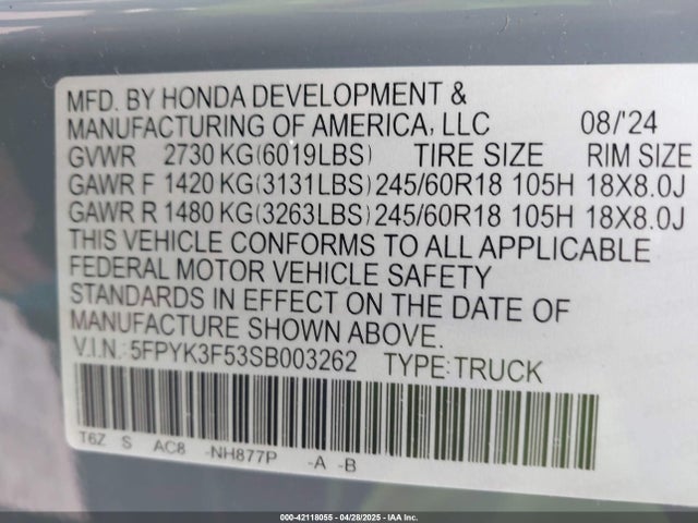 Honda Ridgeline Rtl 2025 5FPYK3F53SB003262 Image 9