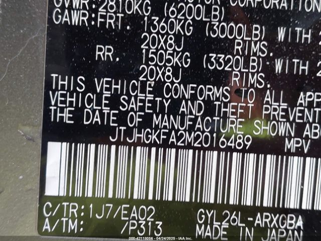 JTJHGKFA2M2016489 Lexus Rx 450hl