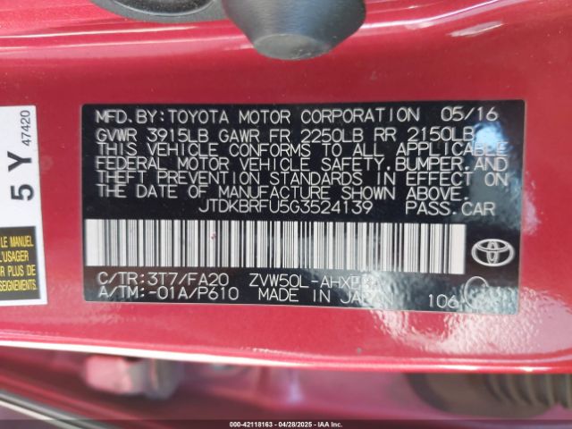JTDKBRFU5G3524139 Toyota Prius Two