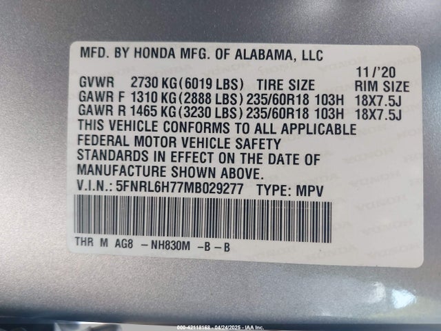 5FNRL6H77MB029277 Honda Odyssey Ex-l