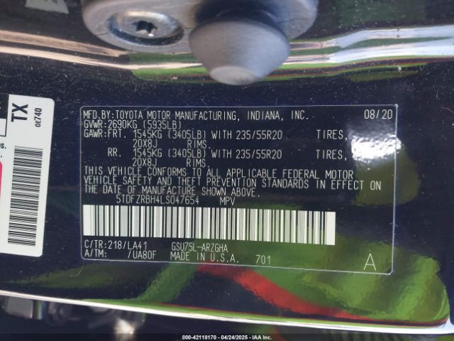 5TDFZRBH4LS047654 Toyota Highlander Platinum