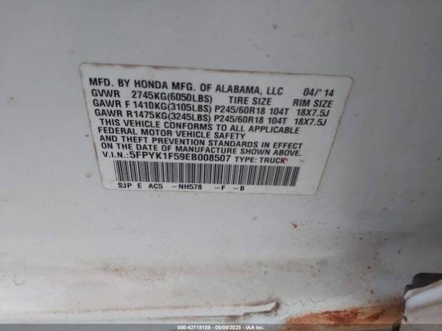 5FPYK1F59EB008507 Honda Ridgeline Rtl