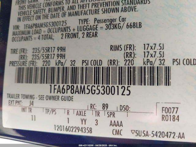 1FA6P8AM5G5300125 Ford Mustang V6