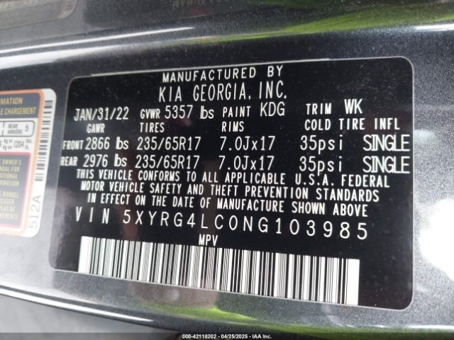 5XYRG4LC0NG103985 KIA SORENTO LX