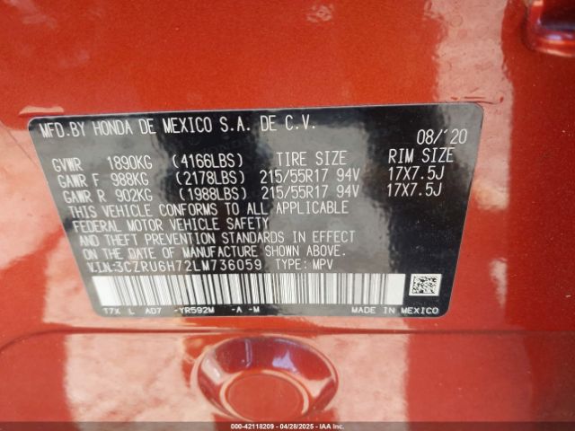 3CZRU6H72LM736059 Honda Hr-v Awd Ex-l