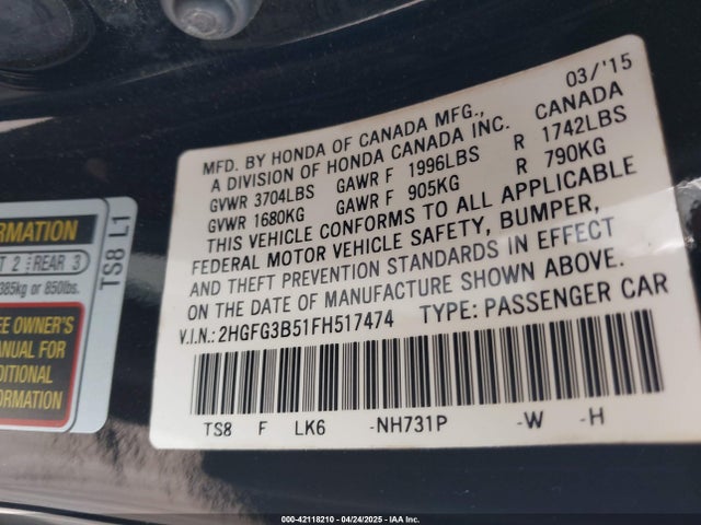 2HGFG3B51FH517474 Honda Civic Lx