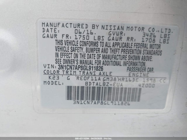 3N1CN7AP8GL911826 Nissan Versa 1.6 S/1.6 S+/1.6 Sl/1.6 Sv