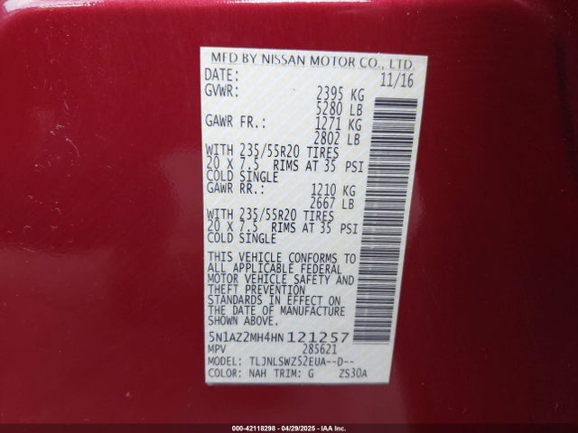 5N1AZ2MH4HN121257 Nissan Murano Platinum
