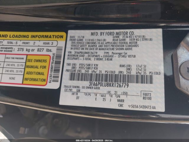 3FA6P0LU8KR126779 Ford Fusion Hybrid Se