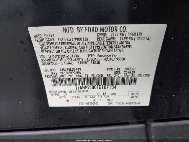 Ford Taurus Limited 2015 1FAHP2J80FG107134 Image 9